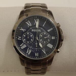 Fossil FS4832 Grant Chronograph Blue Dial Grey Steel Strap Watch